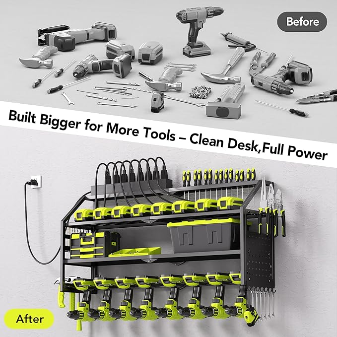 Power Tool Organizer Wall Mount with Charging Station, 8 Drill Holder with 8-Outlet Power Strip, Garage Cordless Drill Storage and Organization, Battery Utility Rack
