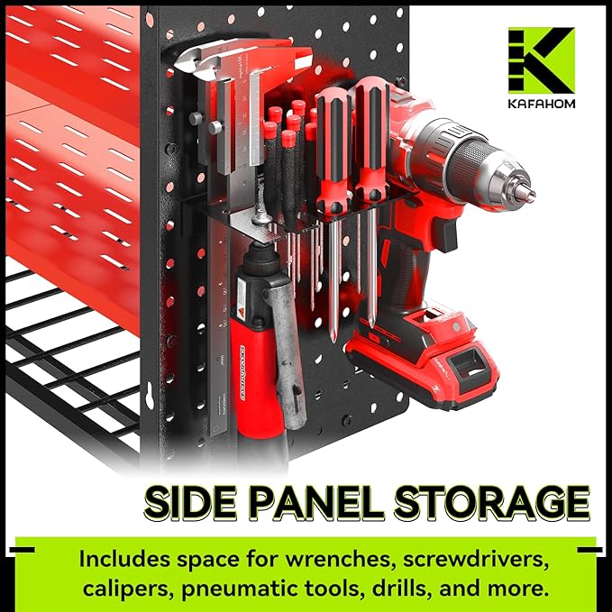 KAFAHOM Power Tool Organizer with Charging Station,9 Drill Holder Wall Mount,4 Layer Heavy Duty Metal Cordless Drill Storage for Garage Organization,Battery Tool Rack Built in 7 Outlet Power Strip Red