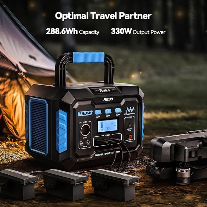 Ruko R299 Portable Power Station 330W, 288.6Wh 9-Port Portable Generator with Flashlight, Wireless Charging, 60W USB-C PD Output, Solar Generator for Outdoor Camping/RVs, Power Supply for Drone, CPAP