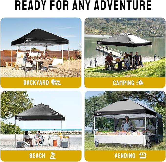 CROWN SHADES 10x10 Pop Up Canopy - Beach Tent with One Push Setup - Easy Outdoor Sun Shade for Events, Parties, Camping - Gazebo with STO-N-Go Cover Bag, Silver Coated Top, Black
