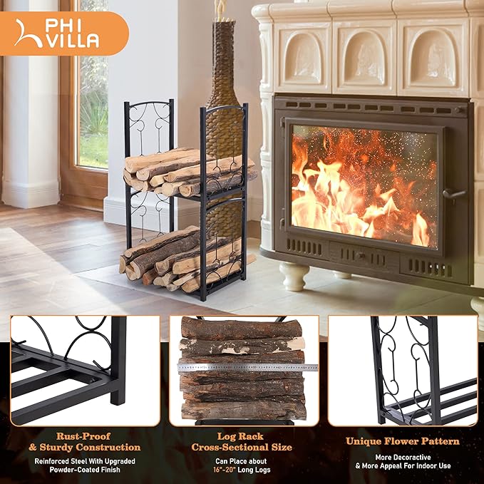 PHI VILLA 2-Layer Firewood Rack Heavy Duty Double-Layer fireplace wood holder Sorting Storage Rack for Outdoor Indoor Decoration