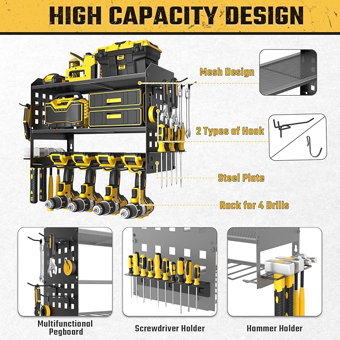 SPACECARE Power Tool Organizer, Drill Holder Wall Mount with 2 Side Pegboards with Hooks, 3 Layer Garage Organization Heavy Duty Tool Organizers Utility Rack for 4 Drill Holders Black