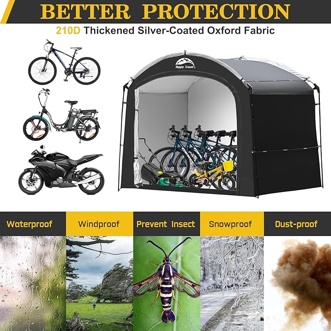 Happy Travel Bike Storage Shed Tent, Waterproof Portable Bicycle Cover with 30% More Top Storage Space for 2/3/4/5 Bikes,Clips Easy Setup Outdoor Sheds Shelter for Motorcycle, Garden Tools, Lawn Mower