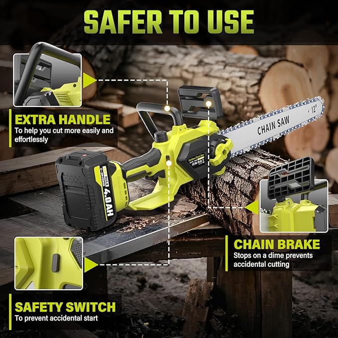 SEYVUM Brushless 12 Inch Chainsaw Cordless, 20V Battery Chainsaw with 2 x 4.0Ah Batteries, 2 x Chains, Electric Chainsaws with Tool-free Chain Tension, Auto Oiling for Wood Cutting Trimming Branch