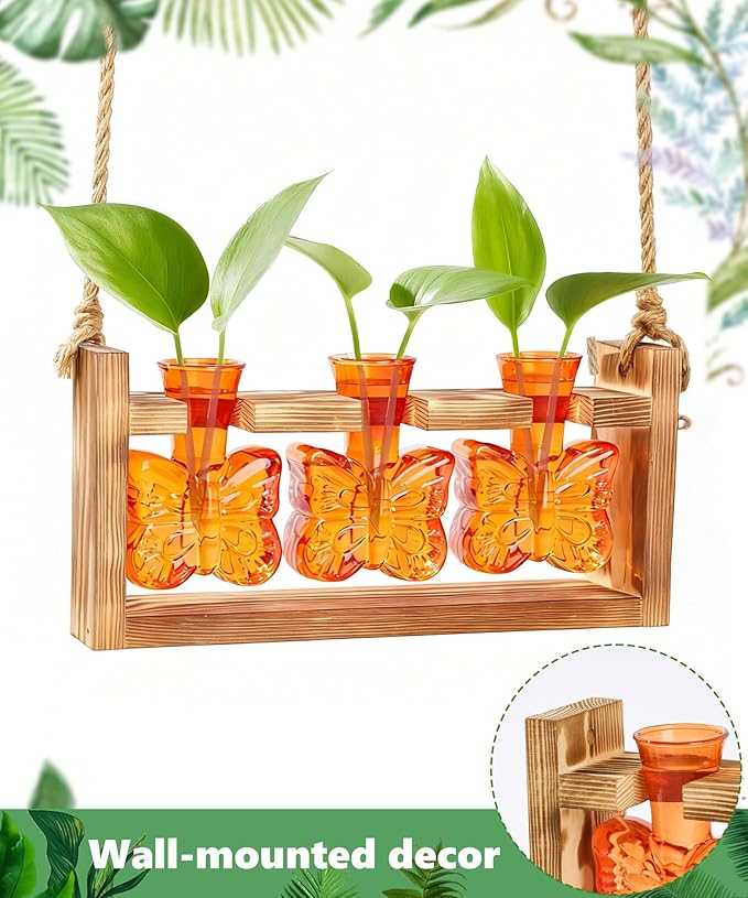 Nacome Plant Terrarium with Wooden Stand,Butterfly-Shaped Glass Vase Planter Propagation Station for Home Office Decor,Unique Gifts for Plant Lovers Women Mom(Orange)