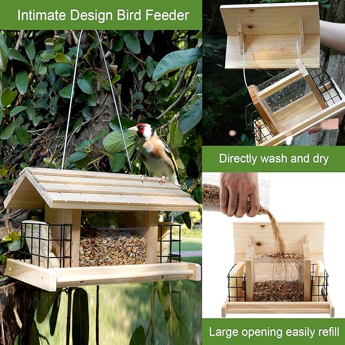 Wood Bird Feeders for Outdoors - Large with 2 Suet Cages, Waterproof for Garden Decoration
