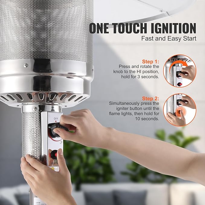 VEVOR Patio Heater for Outdoor Use, 50000BTU Propane Heater Tall Hammered With Round Table Design, Metal Burner and Wheels, Fixed Outdoor Patio Flame Heater for Patio, Party, Backyard, Garden, Silver