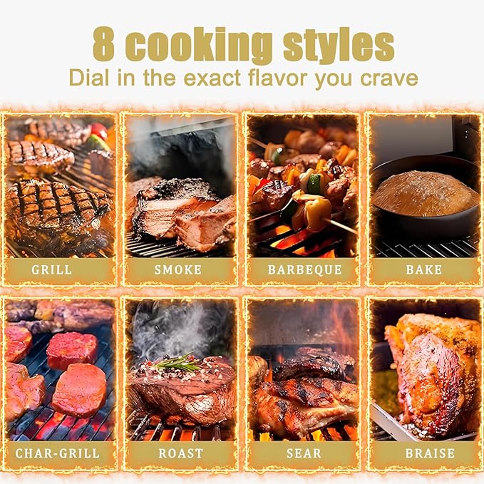 Portable Wood Pellet Grills 900°F,Smoker with Viewing Window – 8-in-1 BBQ, Digital Control, LED Screen, Temperature Control, Meat Probe,Bake and Roast, Ideal for Camping, RV, Beach Backyard