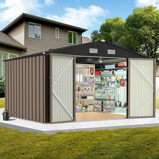 Garvee 12×10FT Outdoor Storage Shed, Metal Waterproof Garden Storage Shed Galvanized Steel Utility Tool Shed with Lockable Doors & Vents, All-Weather Shelter for Bike/Kids Car/Mowers/Tool, etc. Brown