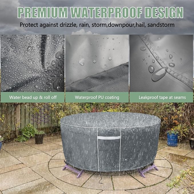 Gasadar Round Patio Furniture Cover, Waterproof Outdoor Furniture Covers for Round Table and Chairs, 600D Heavy Duty, 110" Dia x 28" H, Grey