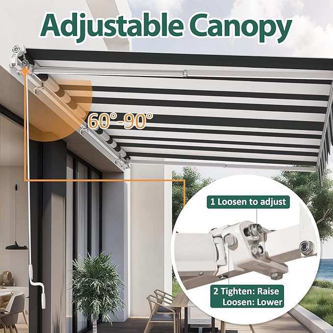 MCombo 13.2x7.8 Feet Manual Retractable Patio Door Window Awning Sunshade Shelter Outdoor Canopy,1308 (White with Black Stripes, 13.2'(L) x 7.8'(W))
