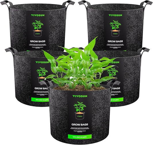 VIVOSUN 5-Pack 2 Gallon Grow Bags Heavy Duty Thickened Nonwoven Fabric Pots with Handles