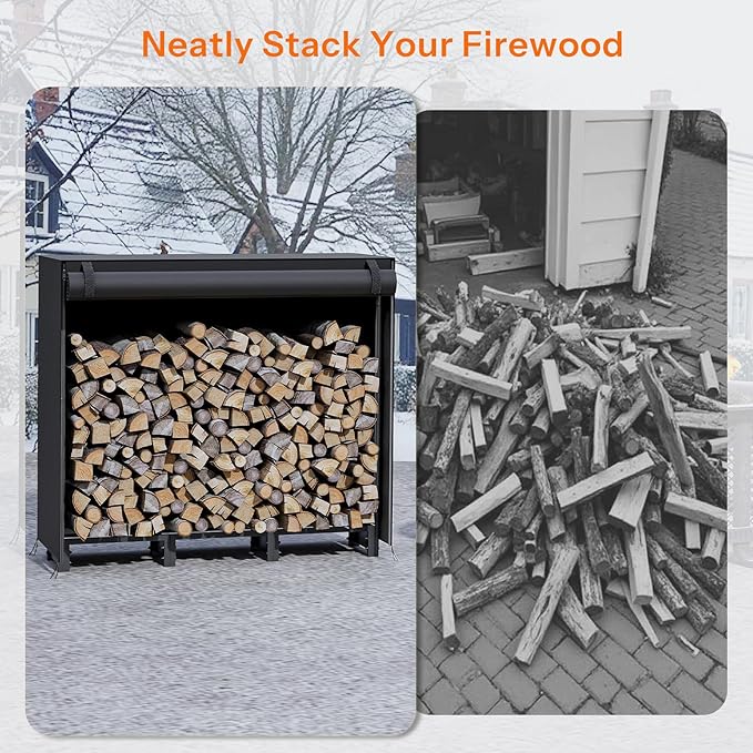 HOOBRO 4FT Firewood Rack with Cover, Outdoor Firewood Log Rack, Adjustable Log Holder with Waterproof Cover, Fireplace Wood Storage, Heavy Duty Wood Holder, for Indoor and Outdoor, Black BB01CH02