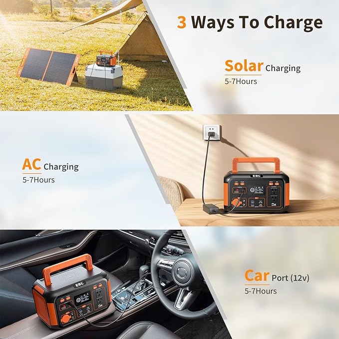 EBL Portable Power Station 500W, 444Wh Backup Lithium Battery, 500W Solar Generator For Outdoors Camping Travel Home Emergency Use (Solar Panel Optional)