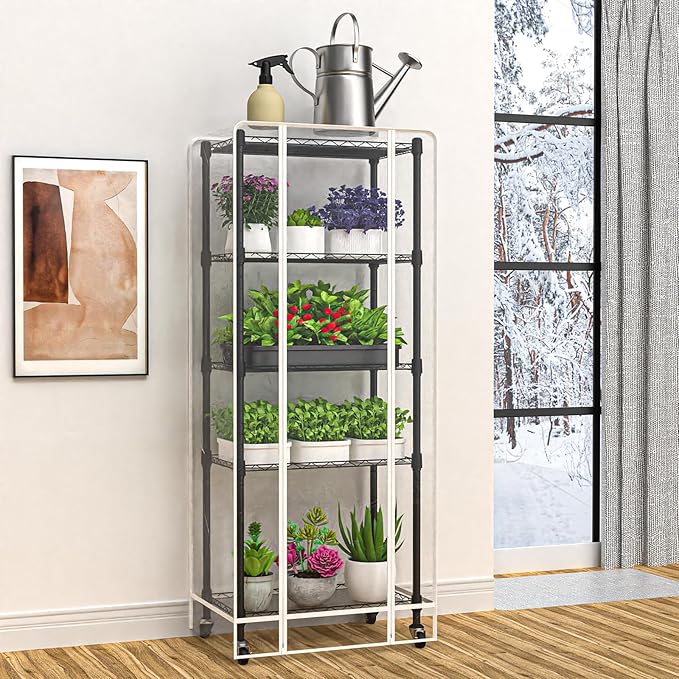 Mini 5-Tier Greenhouse for Indoor Outdoor, 23.2" L×13.4" W×61.4" H Portable Greenhouse with Clear PVC Cover and Metal Shelf for Growing Vegetables, Flowers and Seedlings, with Wheels