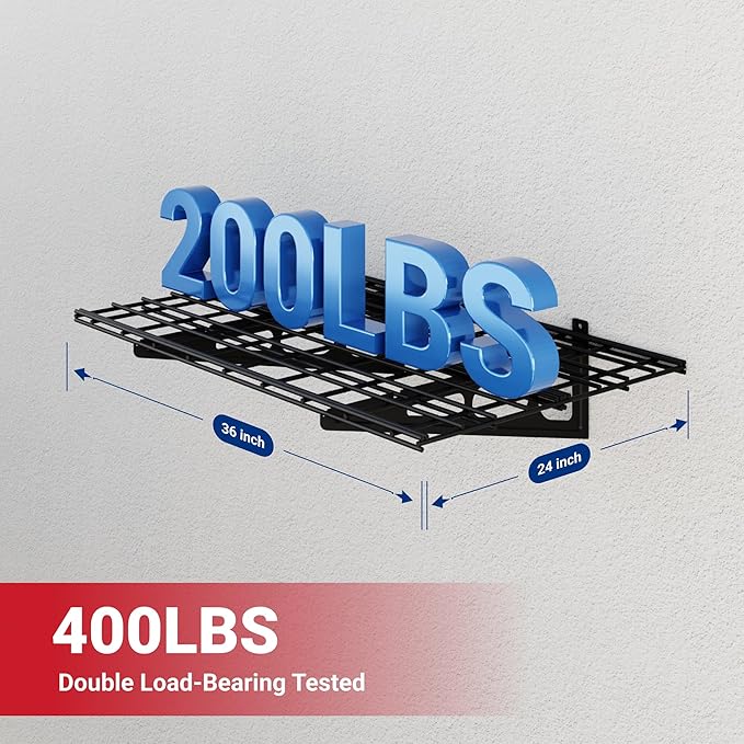 FLEXIMOUNTS 2x3ft Garage Shelving Wall-Mounted, 1-Pack Heavy-Duty Wall Shelving, Holds Up to 200 lbs, Garage Storage Rack for Organization & Storage Bins, Black