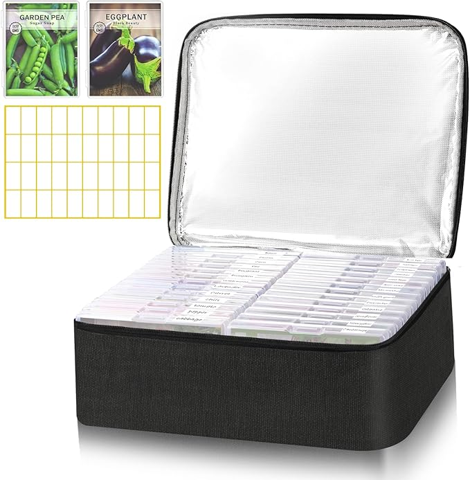 26 Slots Seed Storage Organizer Box with Insulated Bag That Holds 80-200 Seed Envelopes, Oxford Cloth Garden Seed Containers with Labels, Seed Packet Organizer for Plant, Flower ,Vegetable Seeds