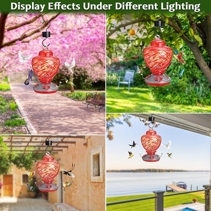 34 oz Hummingbird Feeder for Outdoors Hanging Ant Proof, Leak-Proof & All Weather Use Glass Bird Feeders with Hook & Rope & Brush, Unique Window Patio Yard Outside Garden Decor
