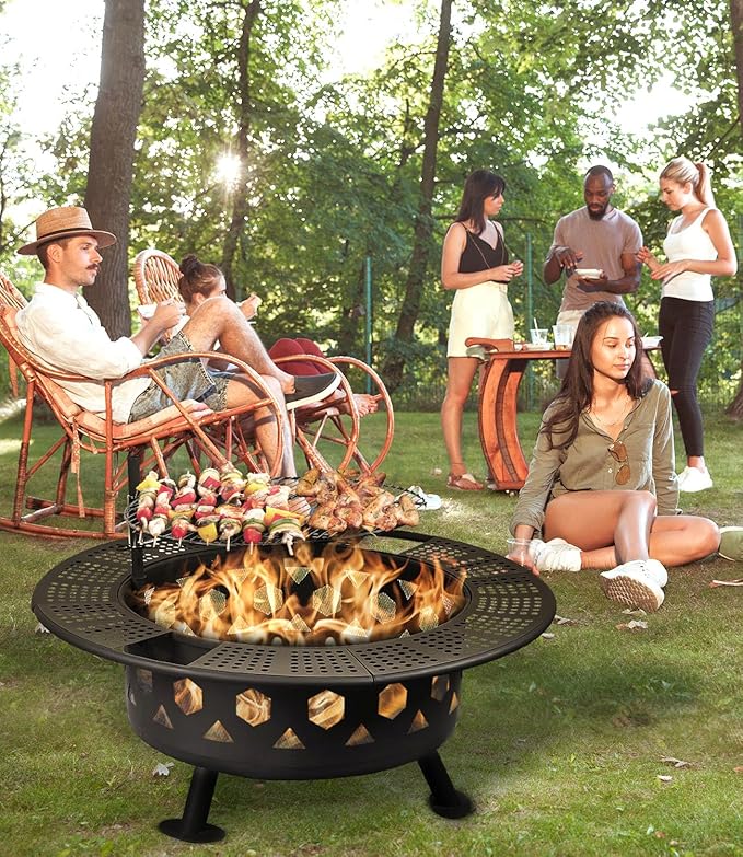 Bettermade 32 Inch Outdoor Fire Pit, 2-in-One Large Camping Fire Pits for Outside with Cooking Grill and Fire Poker, Wood Burning Firepit for BBQ,Warm up, Patio, Bonfire, Camping, Picnic.