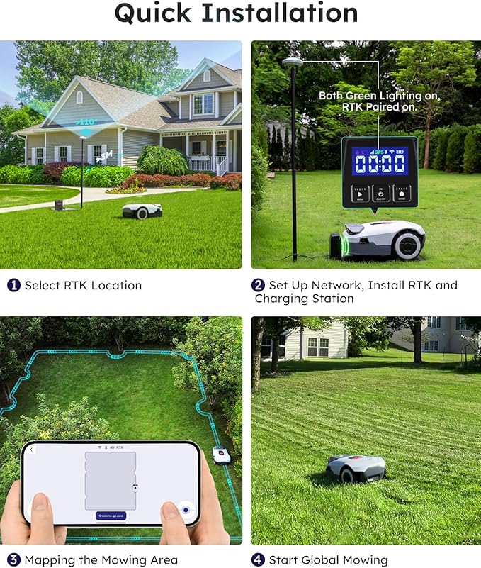 Robot Lawn Mower NO Wire - 0.9 Acre, Full Band RTK+4-Eye Vision Robotic Lawnmower, Automatic Mapping, 30 Multi-Zone Management, Accurate Obstacle Avoidance, Intelligent Anti-Theft, APP Control