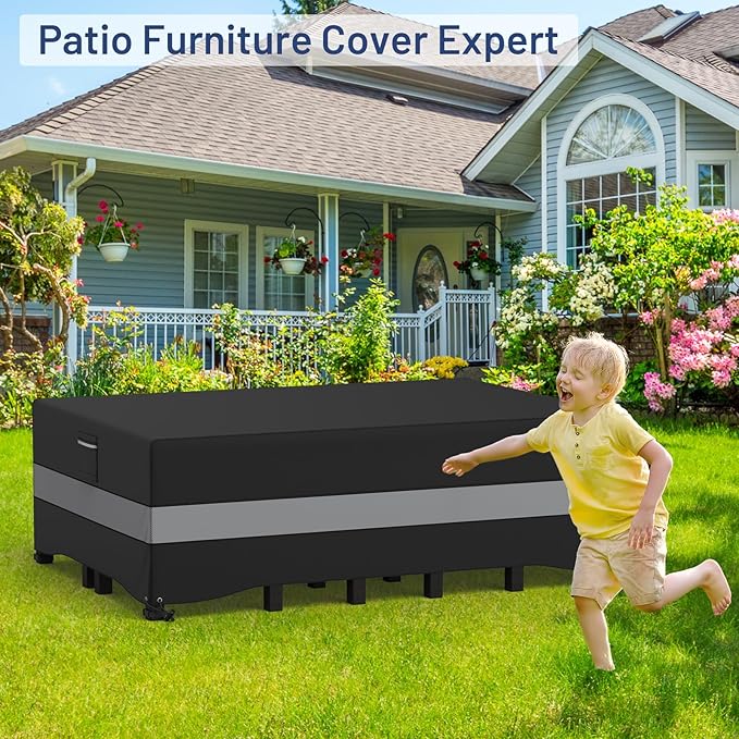 Patio Furniture Set - Waterproof, Heavy Duty Outdoor Couch & Sectional Sofa Cover - Table & Chair Cover - Curved, 90" L x 62" D x 28" H, Grey & Black