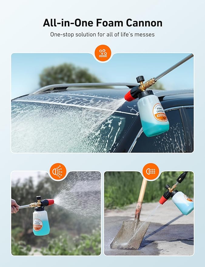 AstroAI Foam Cannon, Heavy Duty Car Foam Blaster Wide Neck Adjustable Snow Foam Lance and Thick Foam for Pressure Washer with 1/4" Quick Connector,1L Bottle