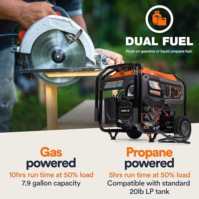 Generac 9,400/7,500-Watt Dual Fuel Portable Generator - Electric Start - Gas or Propane Powered - Home Backup or Jobsite - Quiet, Long Runtime, Emergency Power - 49-State Compliant
