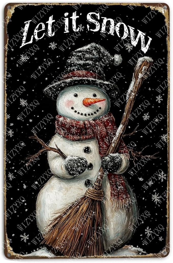 Tin Signs Let It Snow Snowman Metal Sign Snowflakes Winter Aluminum Sign for Farmhouse Outdoor Yard Home Kitchen Office 12×8 Inch
