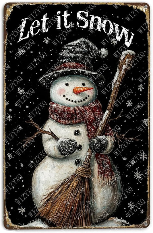 Tin Signs Let It Snow Snowman Metal Sign Snowflakes Winter Aluminum Sign for Farmhouse Outdoor Yard Home Kitchen Office 12×8 Inch