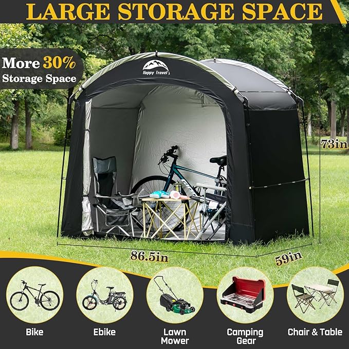 Happy Travel Bike Storage Shed Tent, Waterproof Portable Bicycle Cover with 30% More Top Storage Space for 2/3/4/5 Bikes,Clips Easy Setup Outdoor Sheds Shelter for Motorcycle, Garden Tools, Lawn Mower