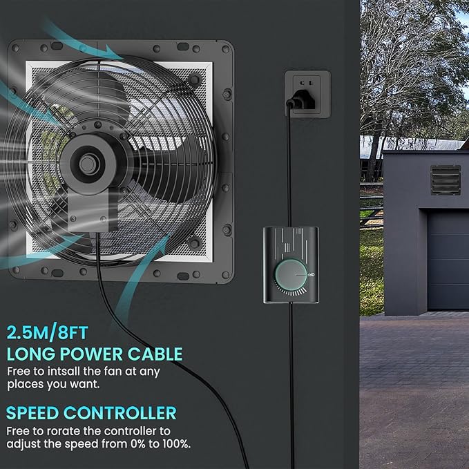 HG Power Upgraded 10 Inch Shutter Exhaust Fan with Speed Controller, 647CFM High-Speed Vent Fan with Mesh Screen, 1400RPM Wall Mounted Attic Fan for Shed, Garage, Greenhouse Ventilation, Black