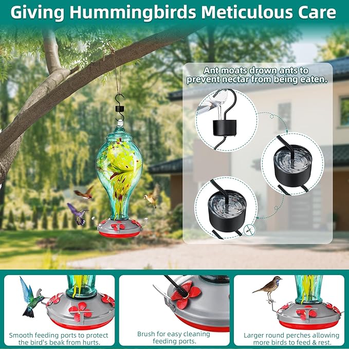36 oz Hummingbird Feeder for Outdoors Hanging Ant Proof, Stunning Glass Bird Feeder-Leak Proof&All Weather Use, with Hook&Rope&Brush, Outside Garden Yard Window Patio Decor