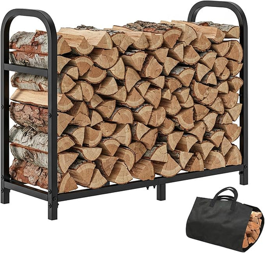 30 Inch Firewood Rack Outdoor with Log Carrier Bag, Indoor Fire Wood Holder, Metal Heavy Duty Log Holder, Rustproof Firewood Storage Tool for Fireplace Patio Deck
