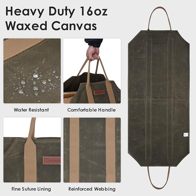 Sturdy Waxed Canvas Firewood Log Carrier, Durable Firepalce Wood Bag with Reinforce Duty Straps Green