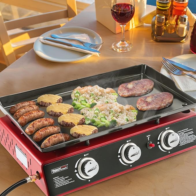 Royal Gourmet PD1301R 3 Burner Tabletop Propane Gas Griddle with Cover, 24 Inch Portable Griddle with 25,500 BTUs Output for Outdoor Cooking While Camping or Tailgating, Red