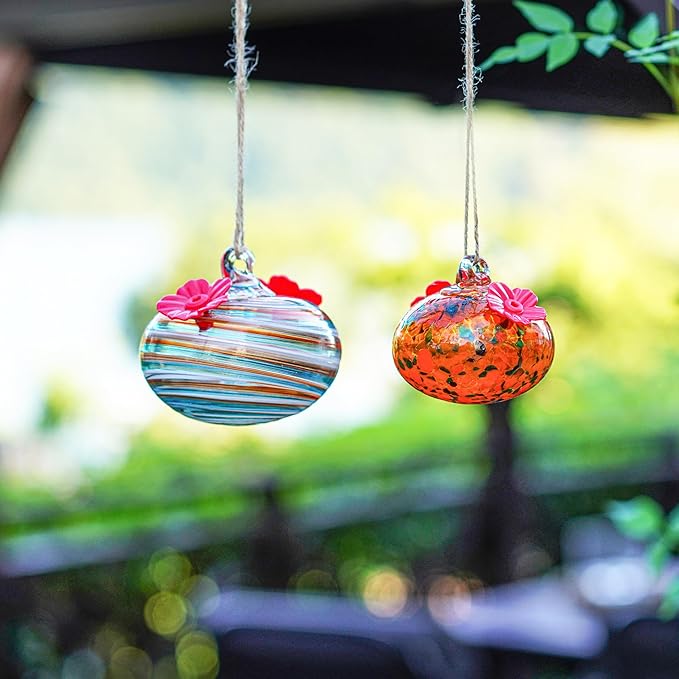 2pcs Small Blown Glass Hummingbird Feeders for Outdoors Hanging Glass Humming Bird Feeders for Window Patio Decor with 2 Flower Feeding Ports