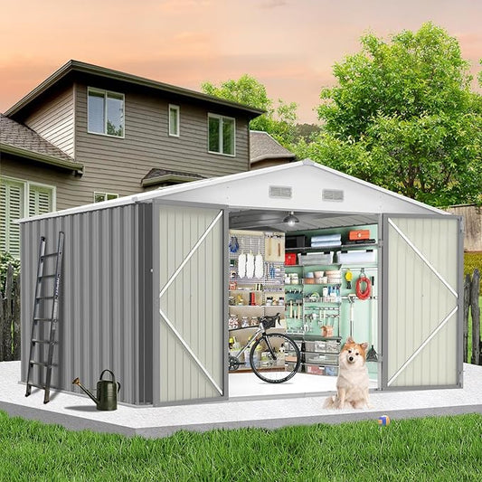 Garvee 10×8FT Outdoor Storage Shed, Metal Waterproof Garden Storage Shed Galvanized Steel Utility Tool Shed with Lockable Doors & Vents, All-Weather Shelter for Bike/Kids Car/Mowers/Tool, etc. Gray