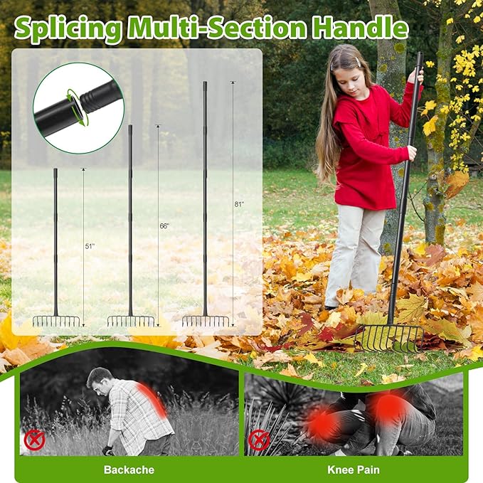 Rake, Heavy Duty Garden Rake with 11 Tines, 51 Inch Handle, 16 Inch Wide, Metal Garden Thatch Leaf Rakes for Raking Gathering Mulch,Metal Bow Rakes for Lawn Yard Bushes Pine Needles Leaves Grass