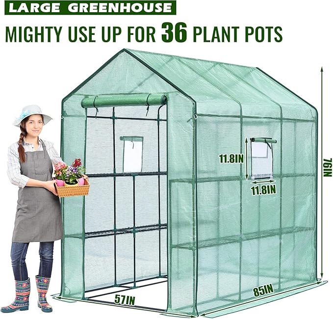 Greengro Greenhouse, 57 x 85 x 76'' Greenhouses for Outdoors, Portable Greenhouse Kit with Mesh Side Windows, PE Cover, 8 Shelves, Heavy Duty Walk in Green House for Backyard Garden Indoor Outside