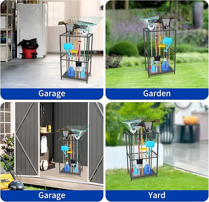 Garden Tool Organizer - Yard Tool Storage and Organizers, Utility Rack with 3 Hooks, Garden Yard Tool Stand Tower Racks, Tool Holder for Broom, Shovel, Rake, Mop, Garage Organization, Black
