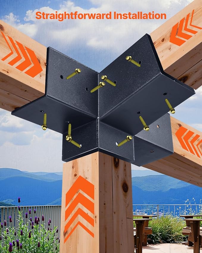 VEVOR Pergola Kit, 4x4 Inch 4-Way Slanted Bracket for 3.5x3.5 Inch Wood Beams in Actual Size, Carbon Steel Pergola Bracket with Post Base and Wall Mount Base, for Outdoor Pergolas, Gazebos, Sheds