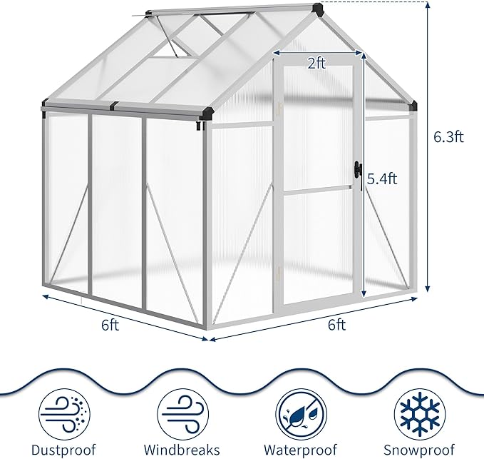 6x6 FT Greenhouse for Outdoors, Polycarbonate Greenhouse with Roof Vent, Ground Nails, Lockable Push Door, Aluminum Large Walk-in Green House for Outside Garden Backyard, Patio, Lawn, Silver