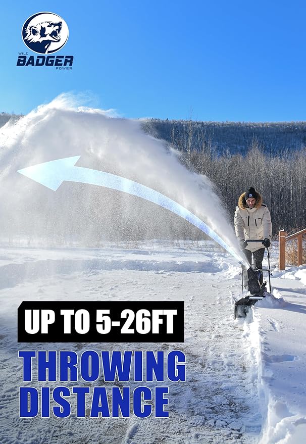 WILD BADGER POWER Snow Blower Cordless 40V Electric Brushless with LED 2Pcs 40V 4.0Ah Battery Longer Running Time for Wet Snow and Heavy Snow