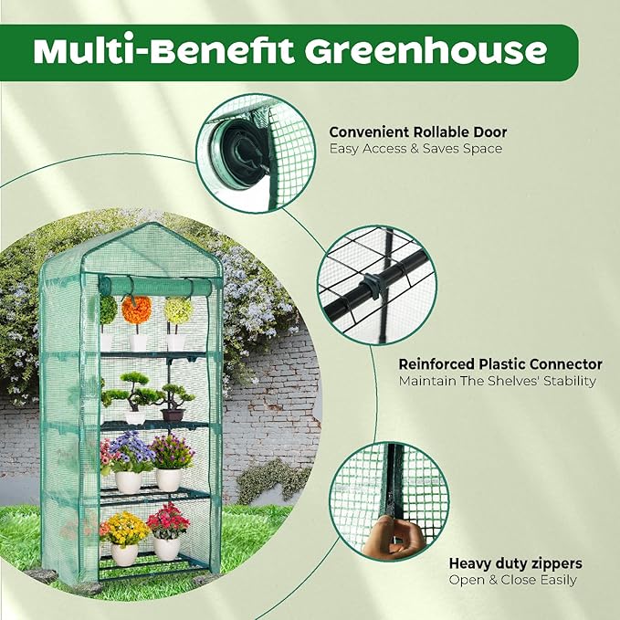 Idzo Mini Greenhouse for Indoor Outdoor, Small Plastic Plant Green House 4-Tier Rack Stand Portable Greenhouses with Durable PE Cover for Seedling