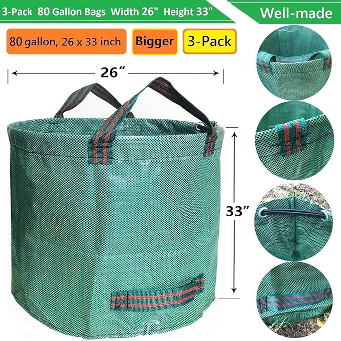 Professional 3-Pack 80 Gallons Lawn Garden Bag Leaf Waste Bags (D26, H33 inches) with Coated Gardening Gloves,Reuseable Heavy Duty Patio Bags,Grass Pool Bags,Home Yard Trash Bags with 4 Handles