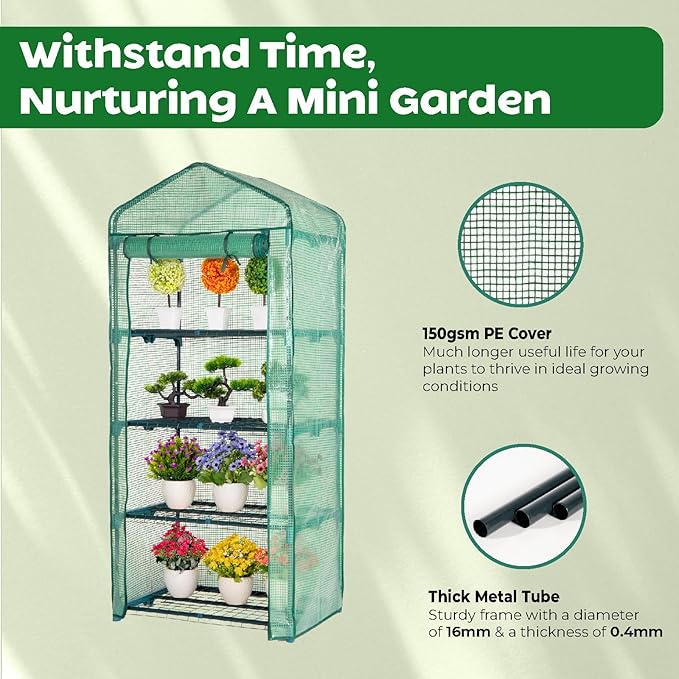 Idzo Mini Greenhouse for Indoor Outdoor, Small Plastic Plant Green House 4-Tier Rack Stand Portable Greenhouses with Durable PE Cover for Seedling