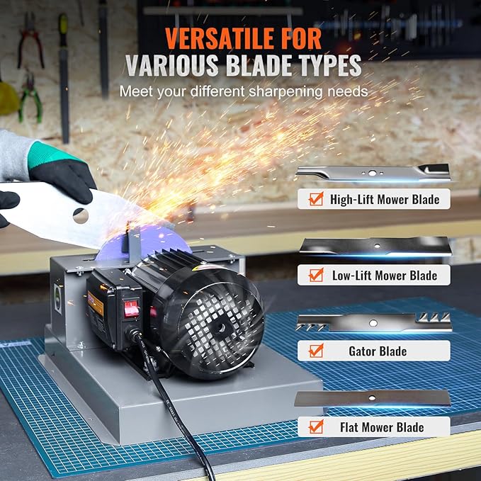 VEVOR Lawn Mower Blade Sharpener - 2/3HP 500W Grinder with 7-inch Ceramic Wheel, Sharpens High/Low Lift, Gator & Flat Blades