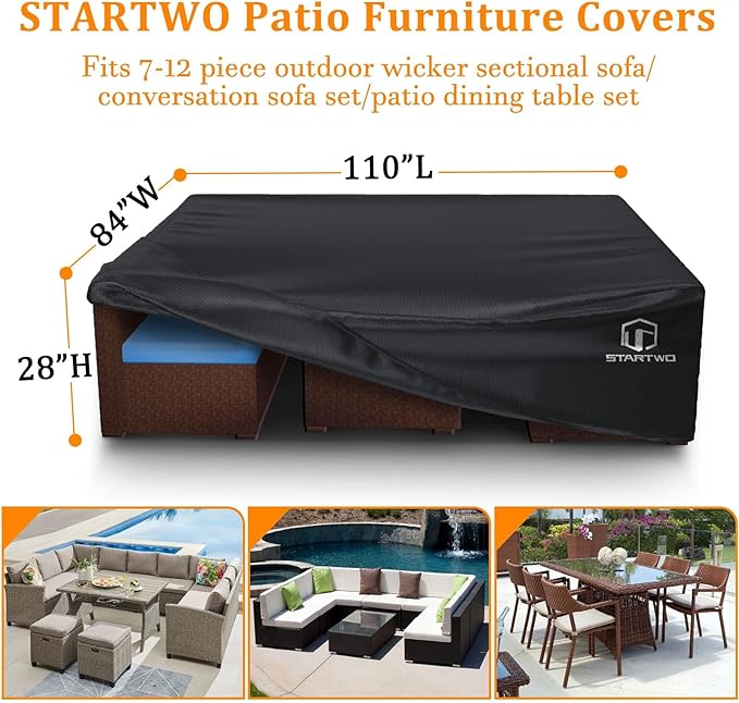 STARTWO Patio Furniture Covers Waterproof, Outdoor Furniture Set Cover for 7-12 Seats Sectional Sofa Table Chairs Anti-UV Tear-Resistant 500D Heavy Duty,110"x84"x28", Black