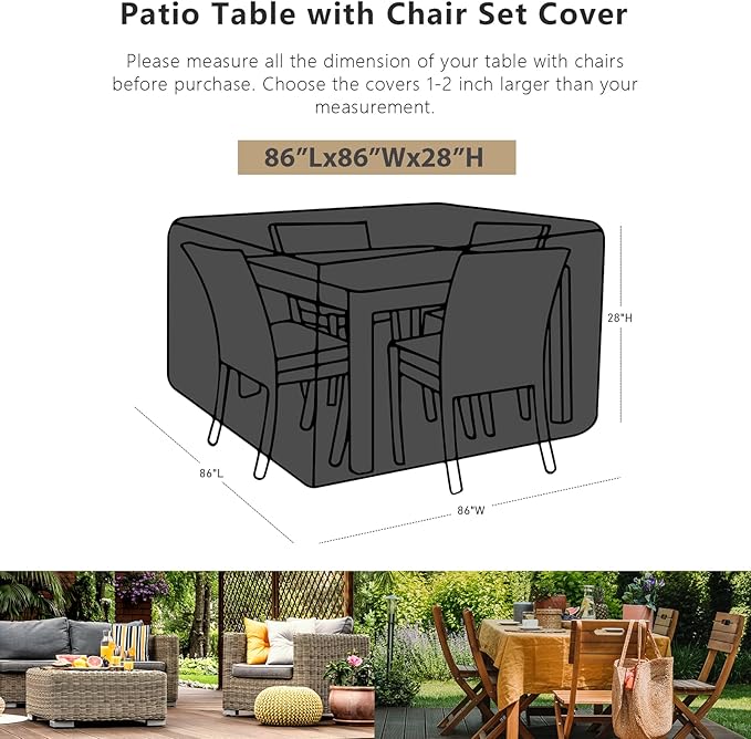 SheeChung Patio Furniture Covers Square 86"Lx86"Wx28"H,Waterproof Outdoor Furniture Covers,Heavy Duty Outdoor Dining Table and Chairs General Purpose Furniture Cover