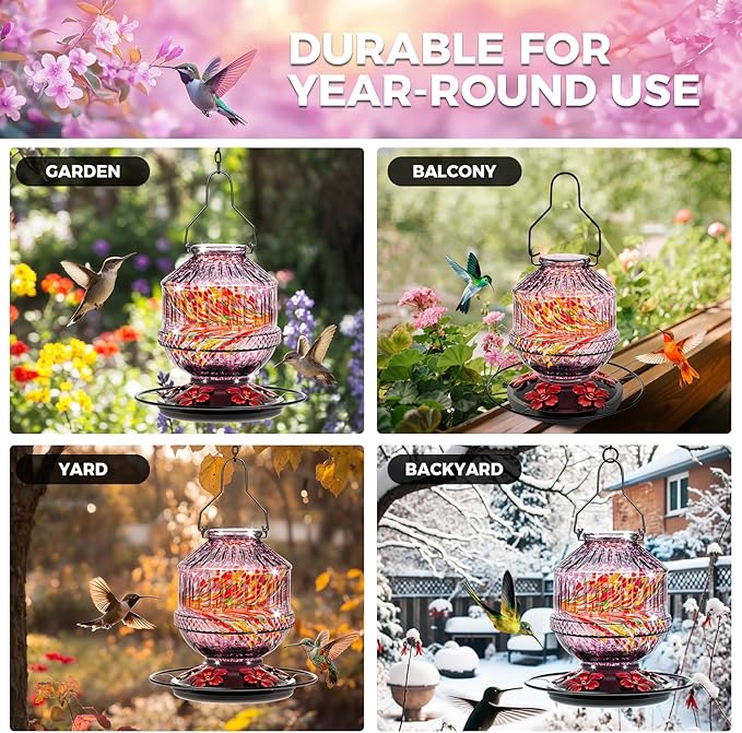 Hand Blown Glass Hummingbird Feeders for Outdoors, 25 Ounces Wild Bird Nectar Feeder with Perch & 5 Flower Feeding Ports Leak Proof Hanging for Garden Backyard Decor, Gifts for Women Mom, Purple